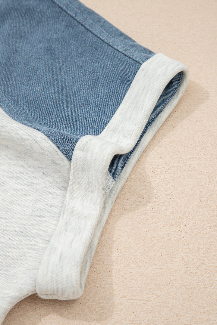 Beige Plus Size Contrast Denim Patchwork Cuffed Sleeve Polo Tee