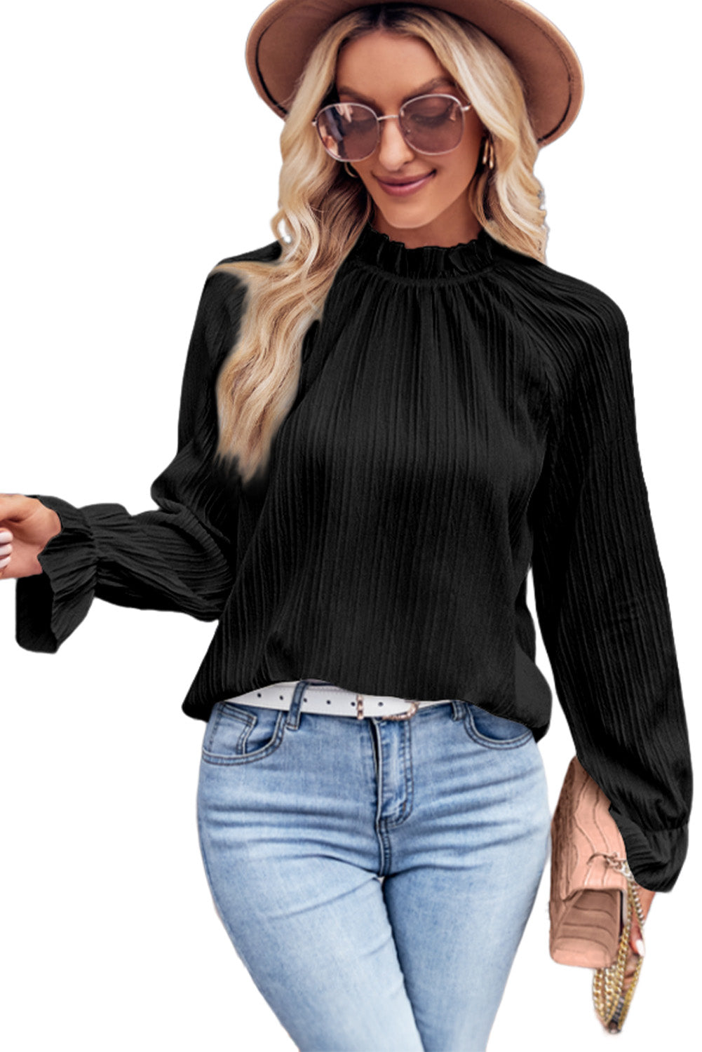 Black Frilled Mock Neck Ripple Bubble Sleeve Blouse