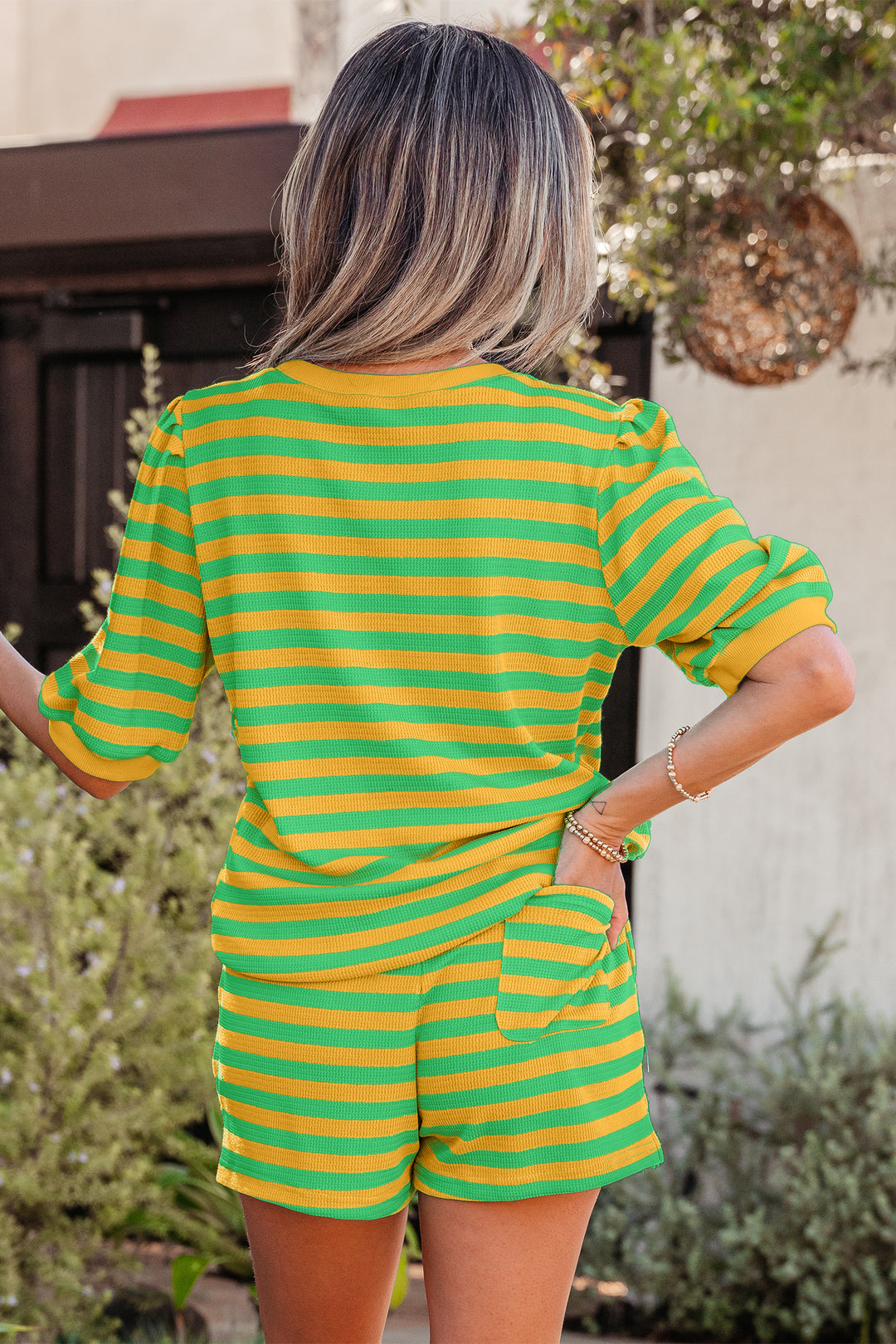 Red Stripe Puff Short Sleeve T Shirt Matching Shorts Set