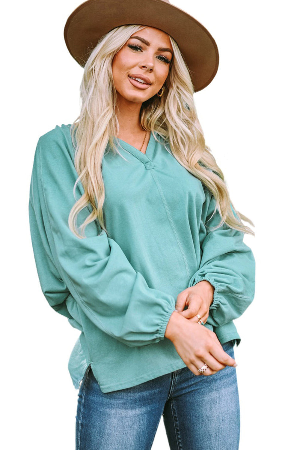 Green Split V Neck Dolman Top