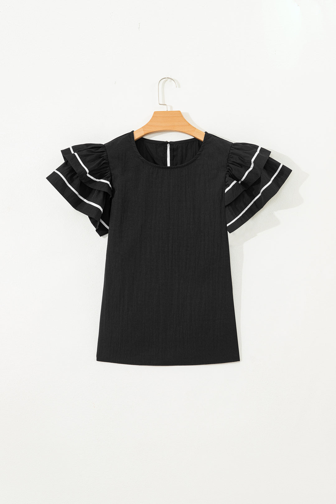 Black Contrast Trim Dual Ruffle Short Sleeve Textured Blouse