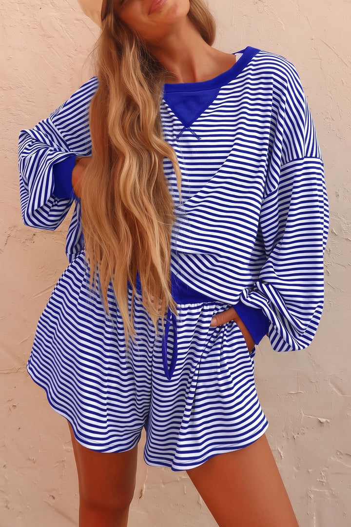Brown Stripe Oversized Long Sleeve Top Drawstring Loose Shorts 2pcs Set
