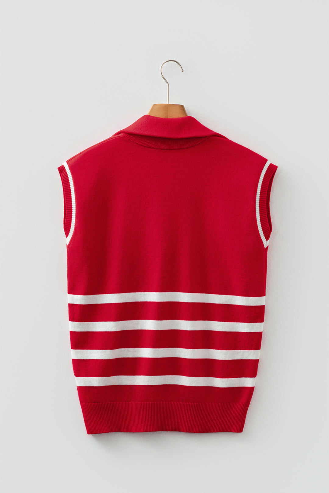 Fiery Red Quarter Zip Striped Detail Short Sleeve Sweater