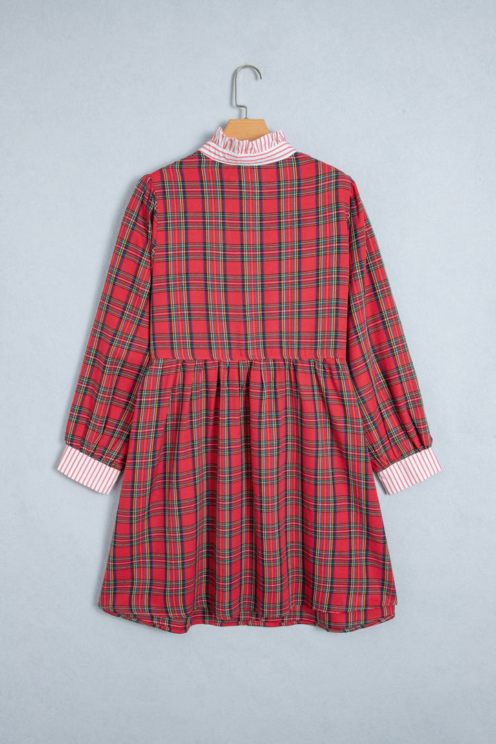 Red Plaid Striped V Neck Collar Cuff Details Shift Plus Size Dress
