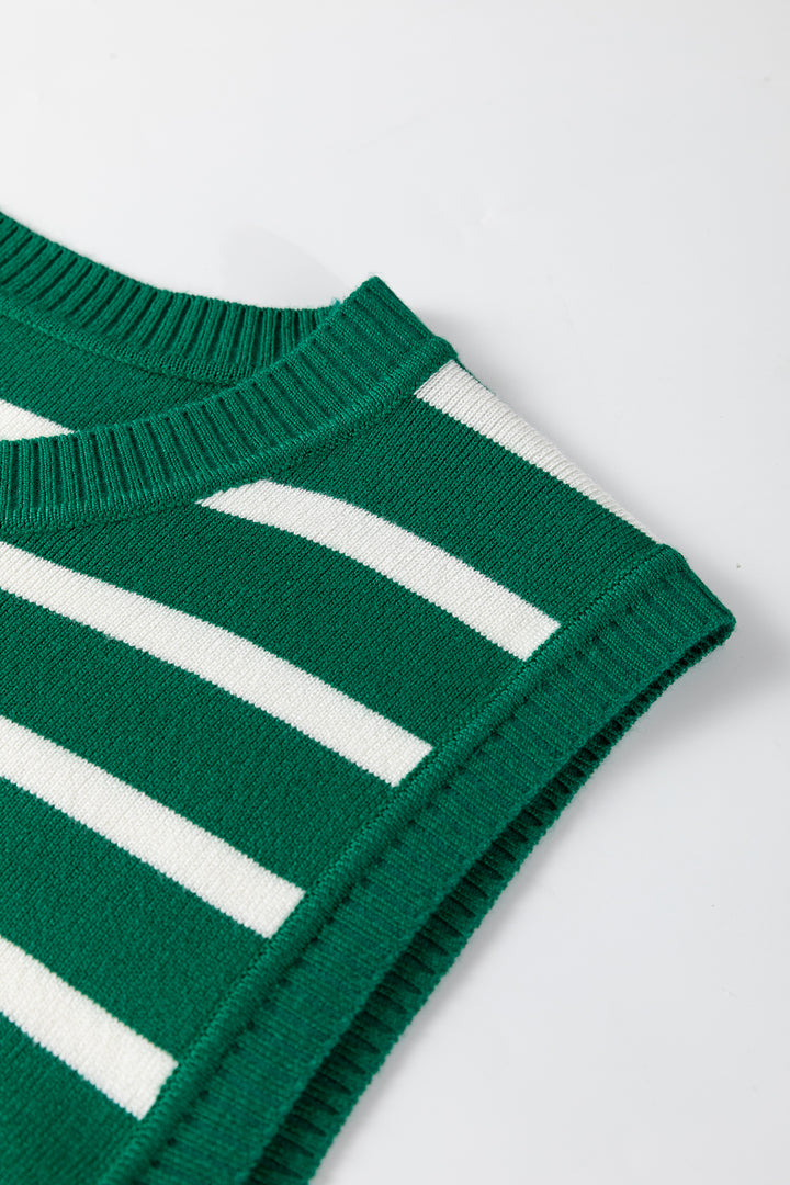 Green Stripe Crew Neck Sleeveless Sweater Vest