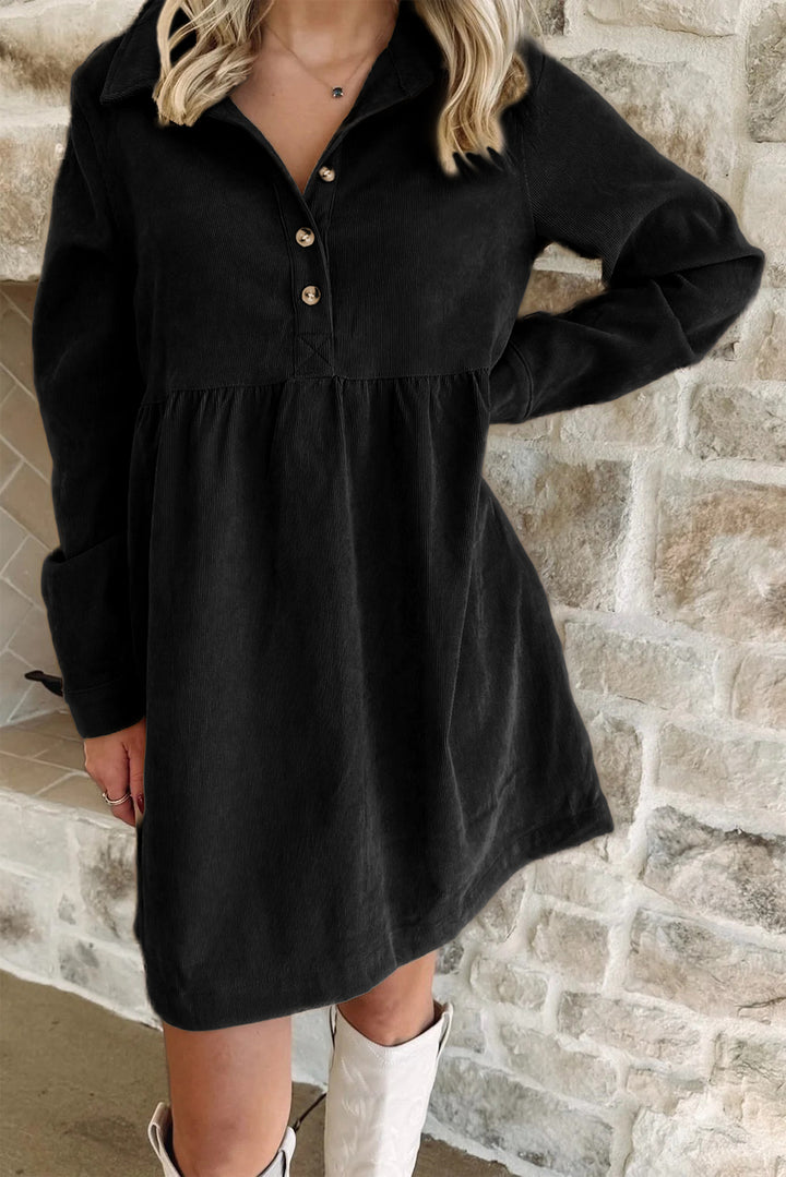 Black Corduroy Half Button Collared Long Sleeve Mini Dress