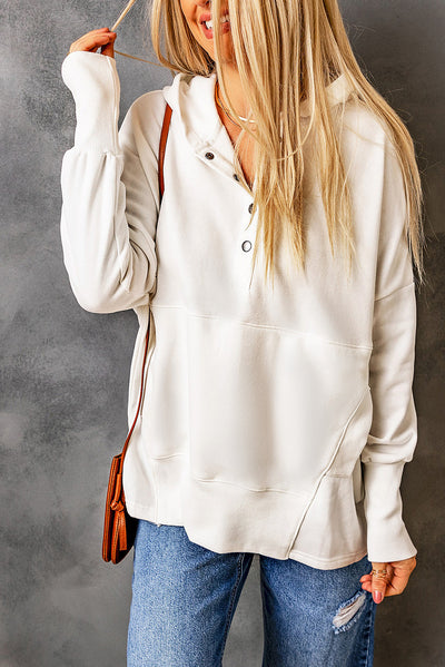 White Batwing Sleeve Pocketed Henley Hoodie