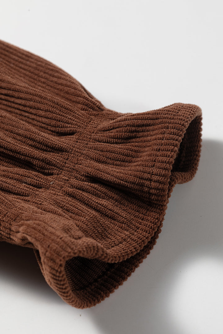 Coffee Solid Color Ruffle Trim V Neck Long Sleeve Button Corduroy Shakcet