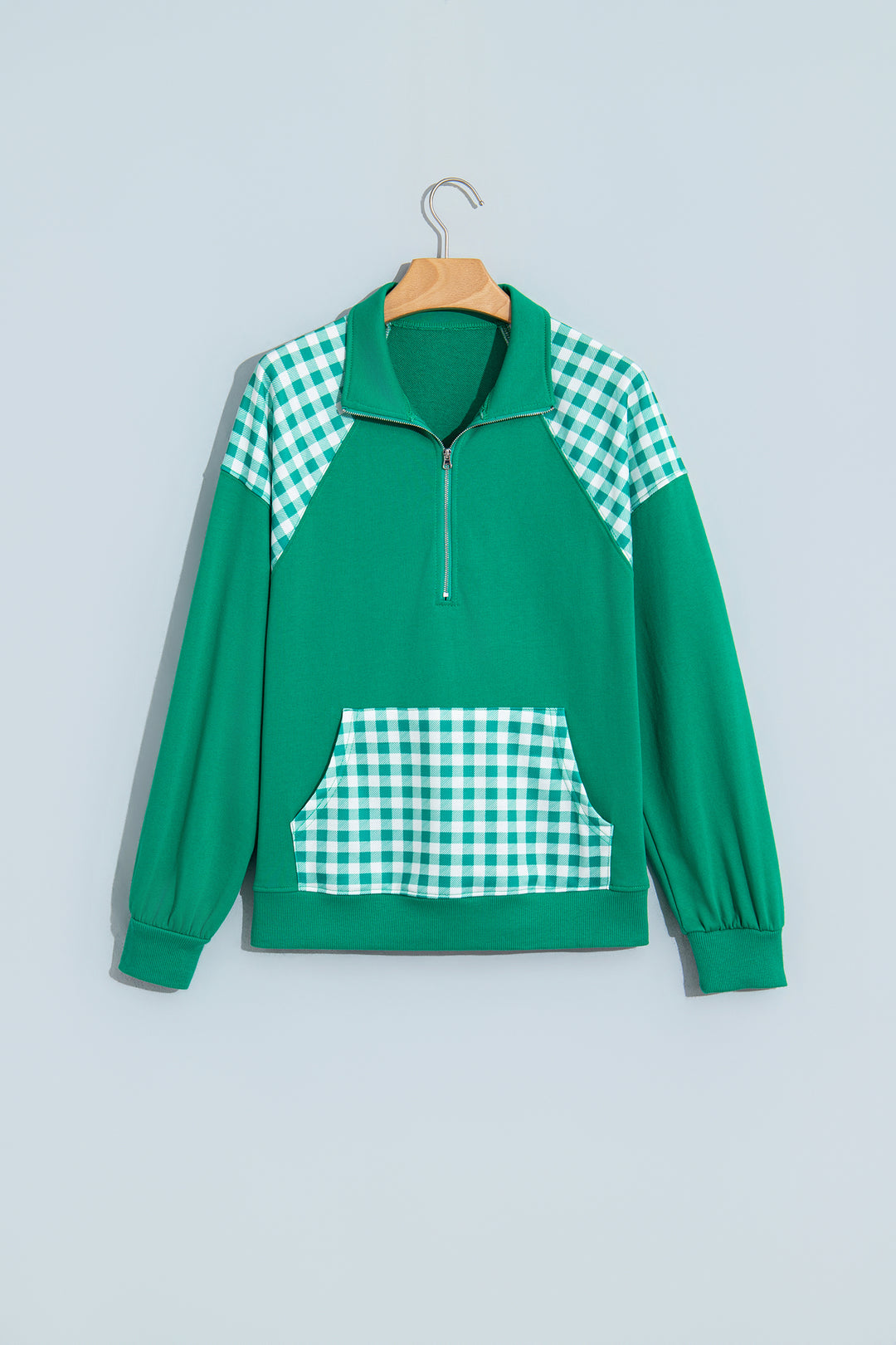 Navy Blue Patchwork Plaid Pocket Quarter Zip Sweatshirt