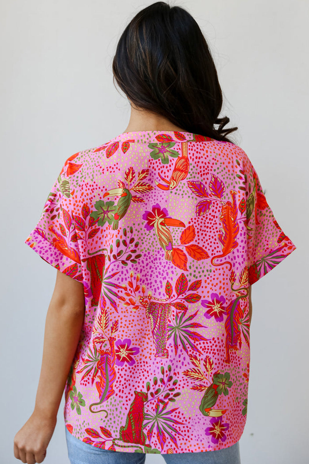 Rose Jungle Floral Print Notch V Neck Blouse