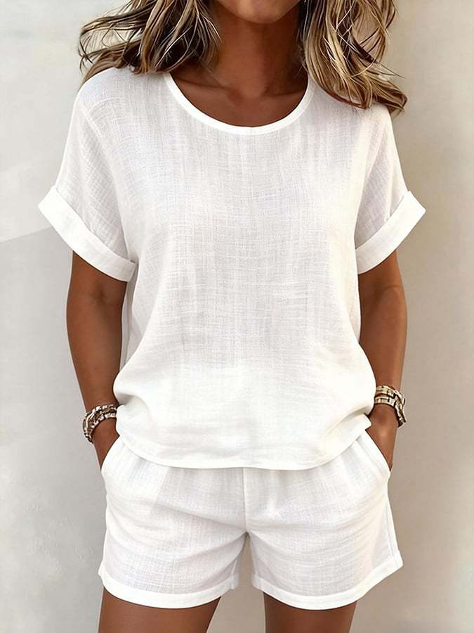 Solid-Color T-Shirt &amp; Shorts Set – Cotton Linen, 10 Colors