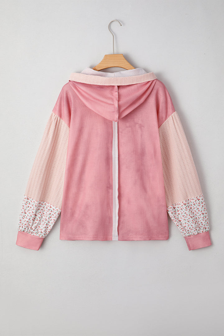 Pink Floral Patched Waffle Textured Colorblock V Neck Casual Hooded Top