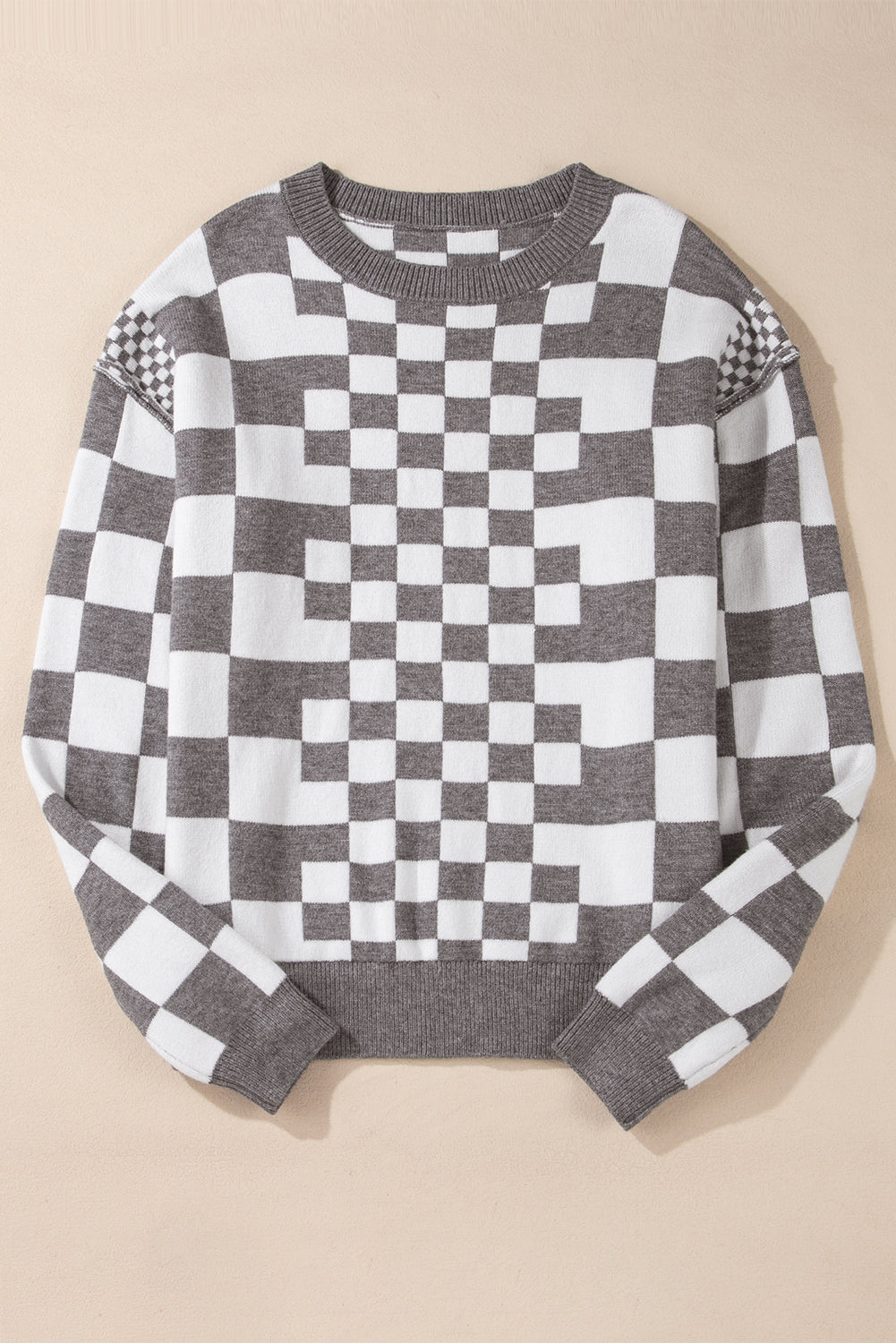 Gray Checkered Print Drop Shoulder Round Neck Sweater