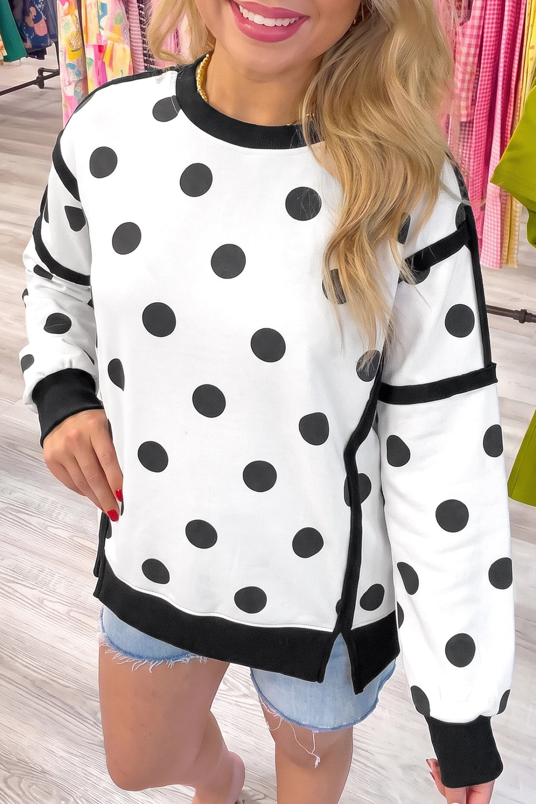 White Polka Dot Contrast Patchwork Round Neck Baggy Sweatshirt