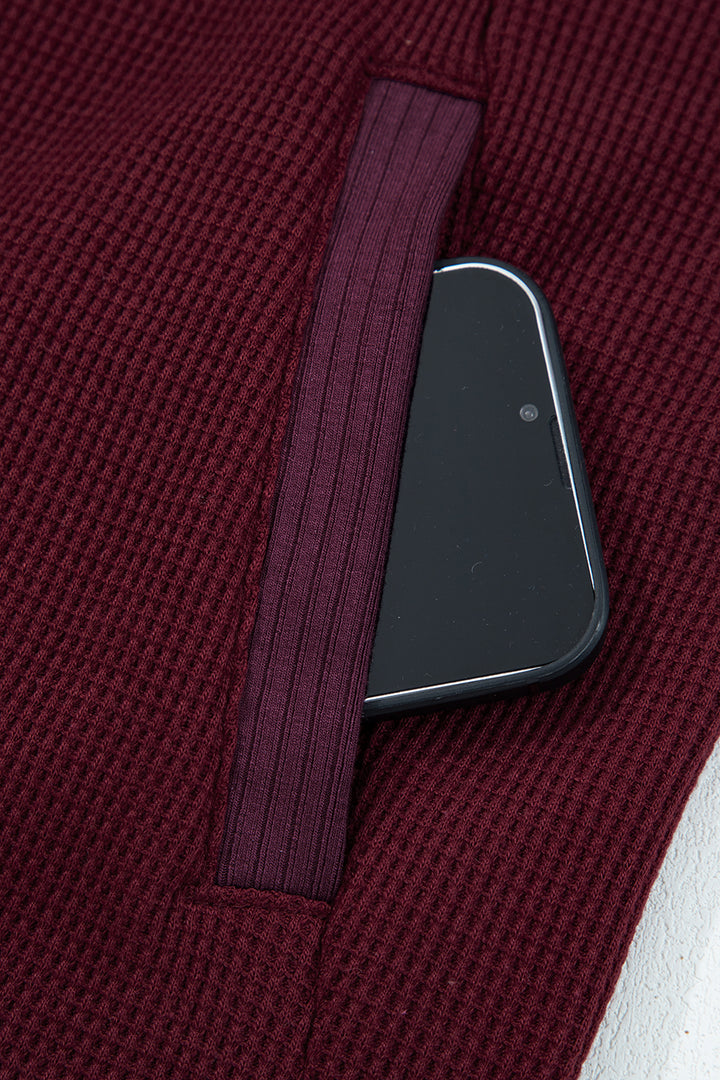 Burgundy Waffle Splicing Zip Up Front Button Hooded Jacket