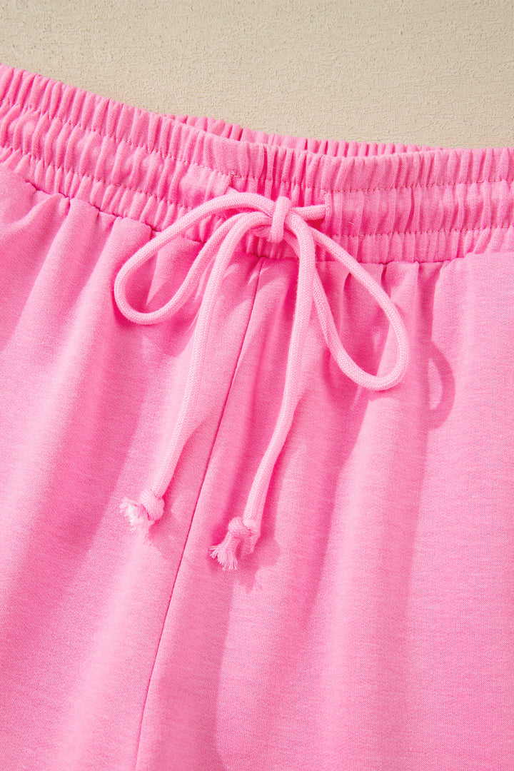 Bonbon Collared V Neck Tee Drawstring Elastic Waist Shorts 2pcs Outfit