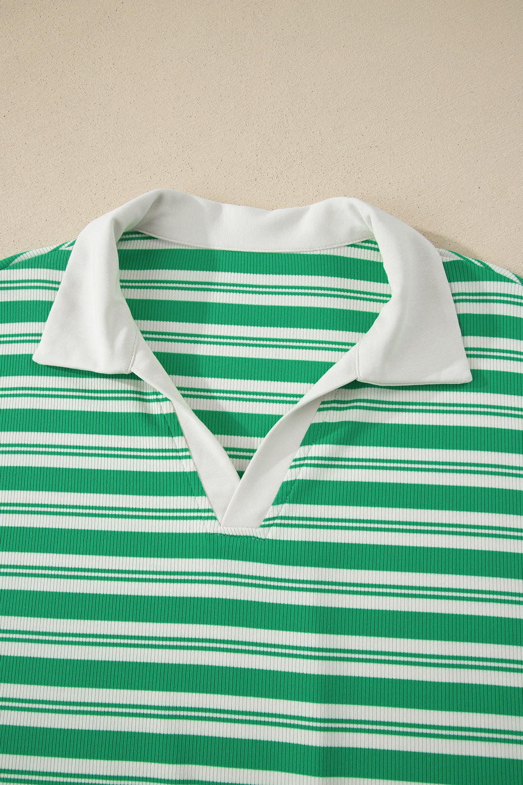 Green Stripe Collared V Neck Short Sleeve T Shirt Midi Dress with Pockets