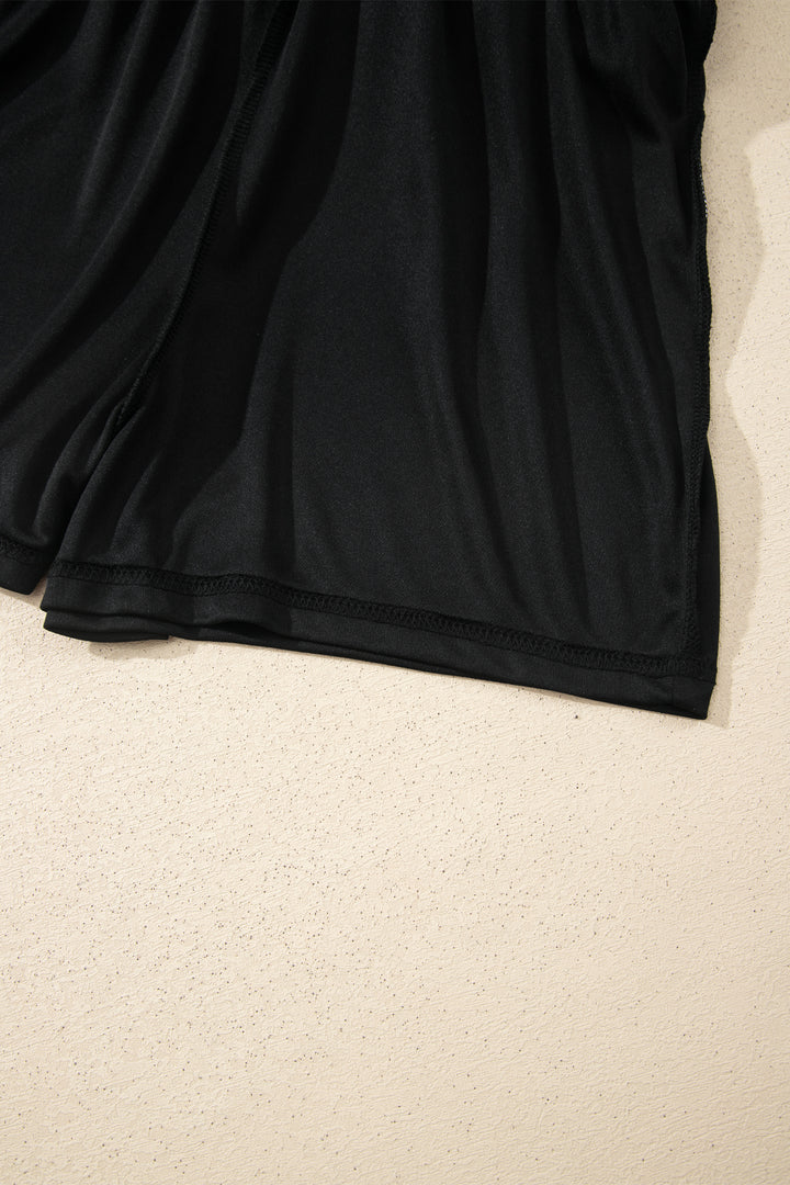 Black Preppy Striped Trim V Neck Polo Tee Drawstring Skirt Set