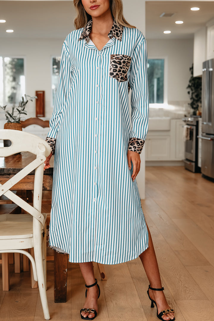 Sky Blue Stripe Contrast Leopard Patchwork Long Shirt Dress with Slits