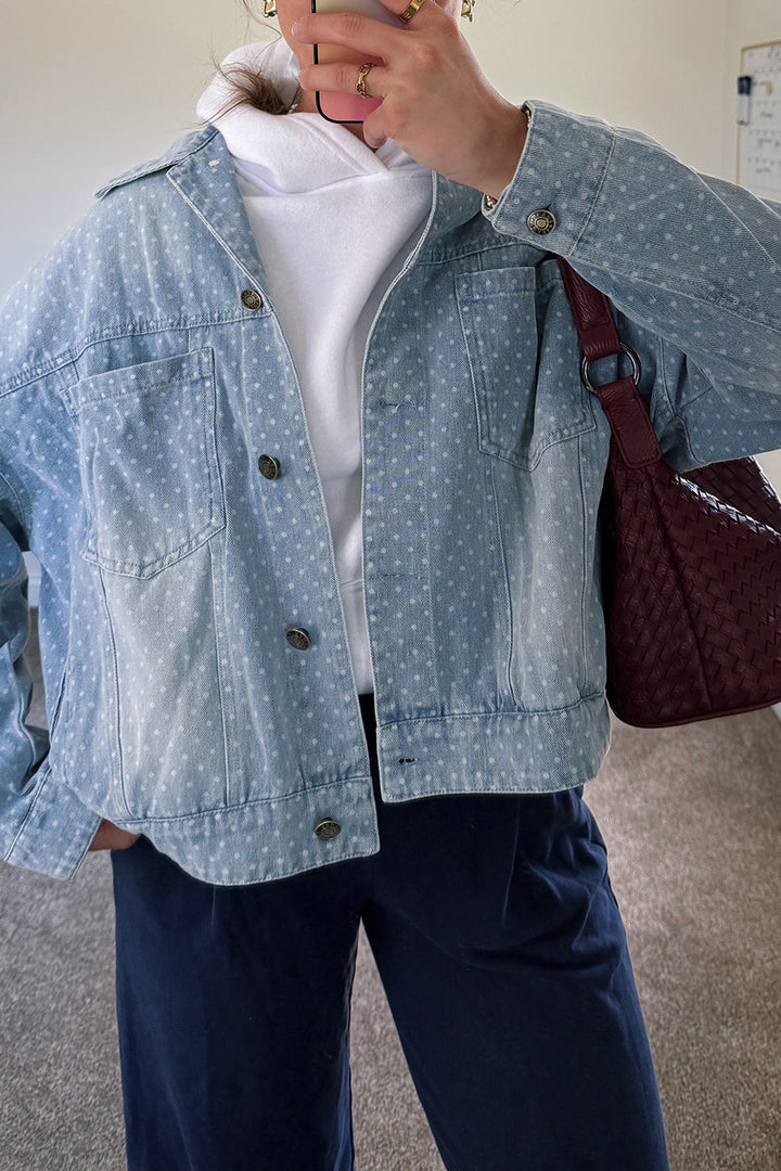 Sky Blue Polka Dot Long Sleeve Collar Pocket Casual Shift Silhouette Denim Jacket