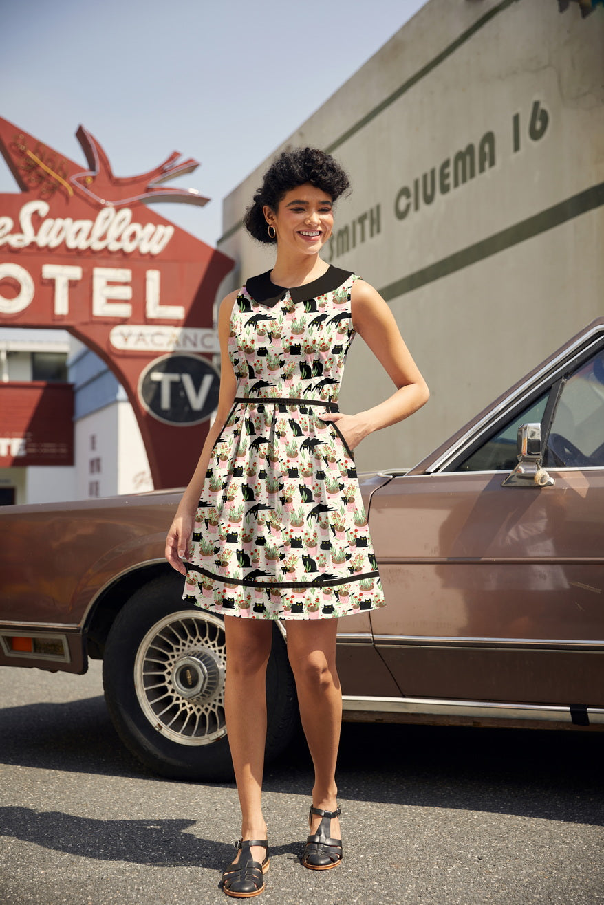 Cats &amp; Plants Collared Dress - Plus Sizes only