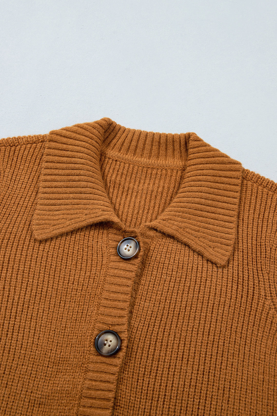Mustard Ribbed Knit Collar Button Front Long Sleeve Cardigan