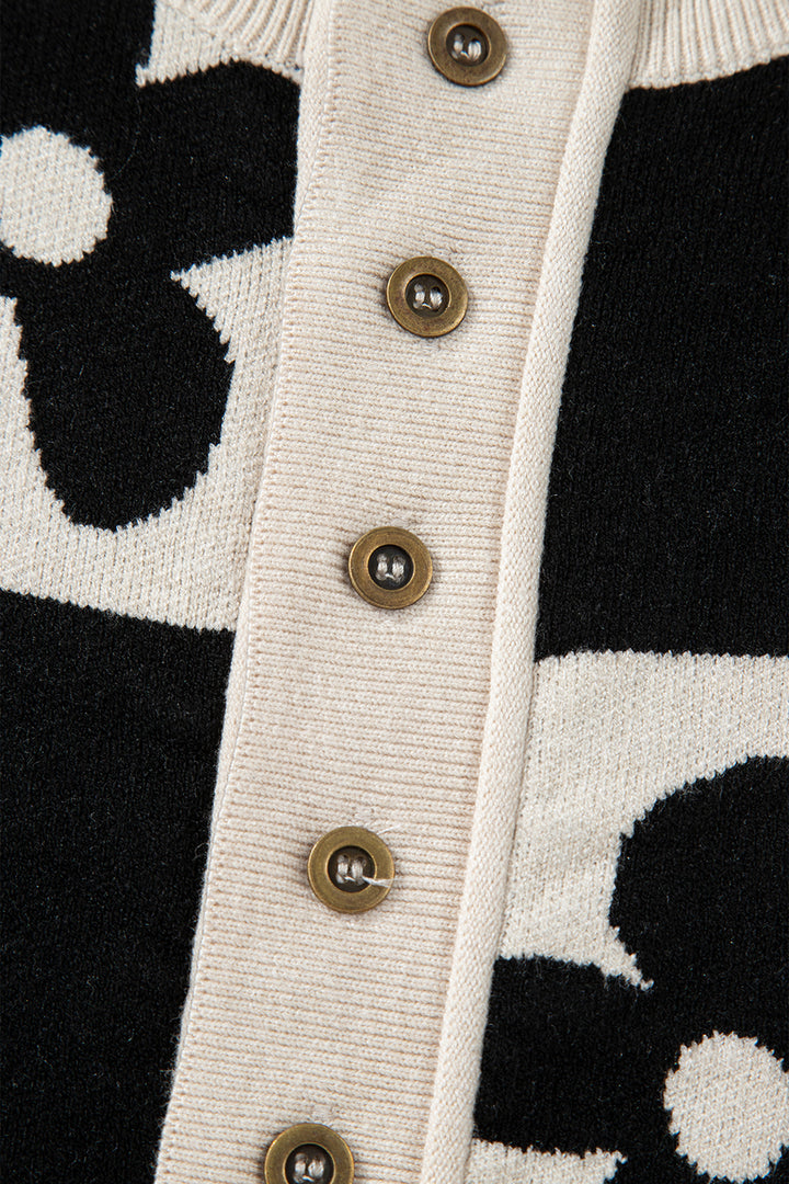 Black Flower Plaid Henley Baggy Sweater