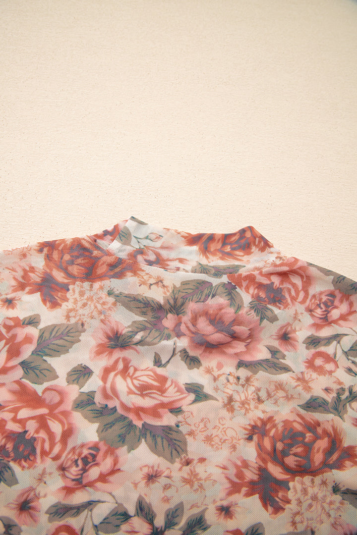 Black Retro Floral Print Mesh Long Sleeve Top