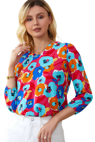 Rose Multicolor Floral Print V Neck 3/4 Sleeve Blouse