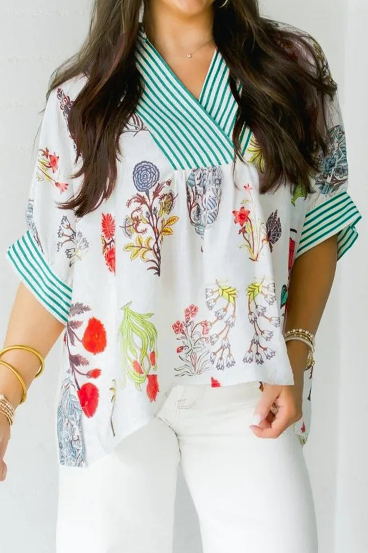 Beige Floral Print Striped Contrast Trim V Neck Half Sleeve Blouse