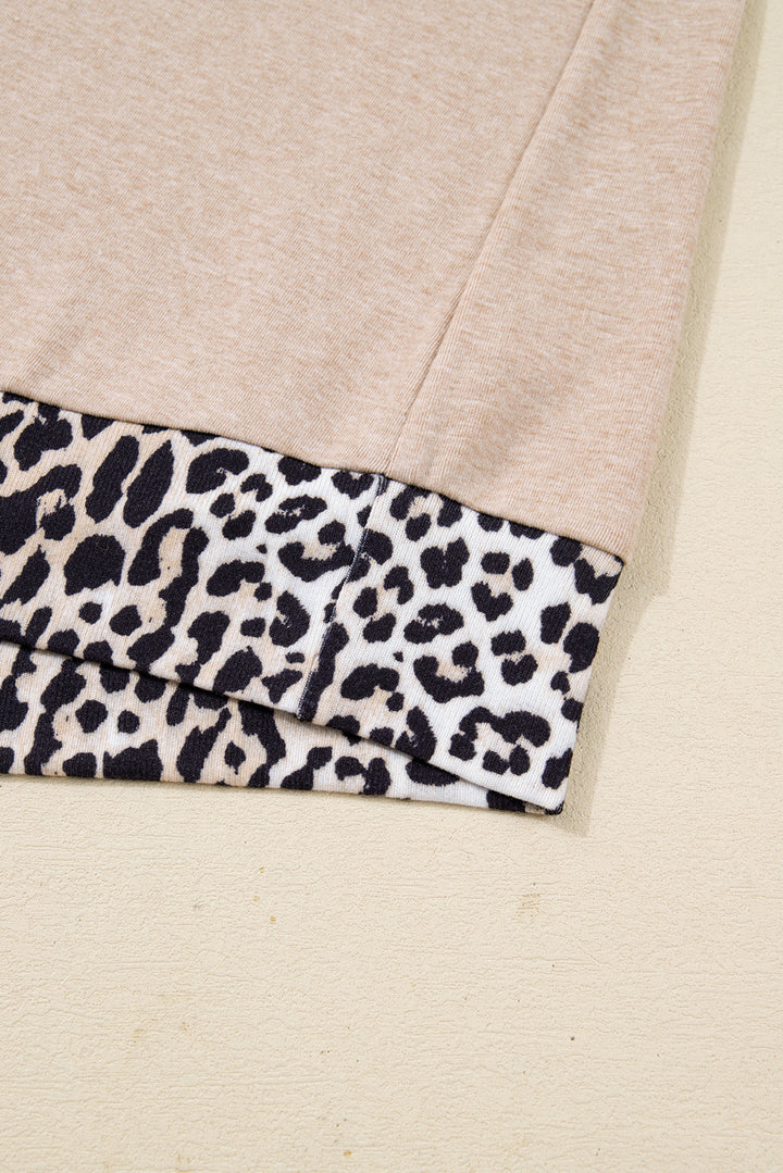 Parchment Leopard Patchwork V Neck Long Sleeve Plus Size Top