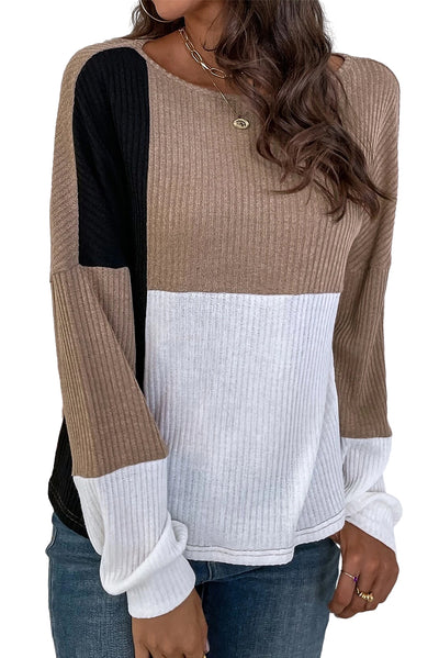 Parchment Ribbed Knit Color Block Drop Shoulder Top