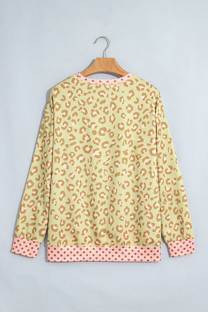 Khaki Leopard Polka Dot Colorblock Trim Long Sleeve Top