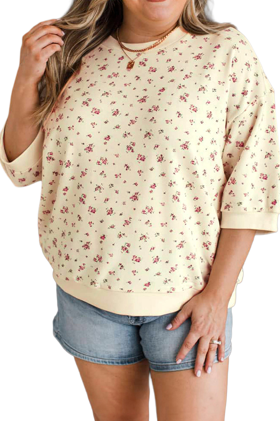 Beige Floral Print Colorblock Cuffs Hem Plus Size Blouse