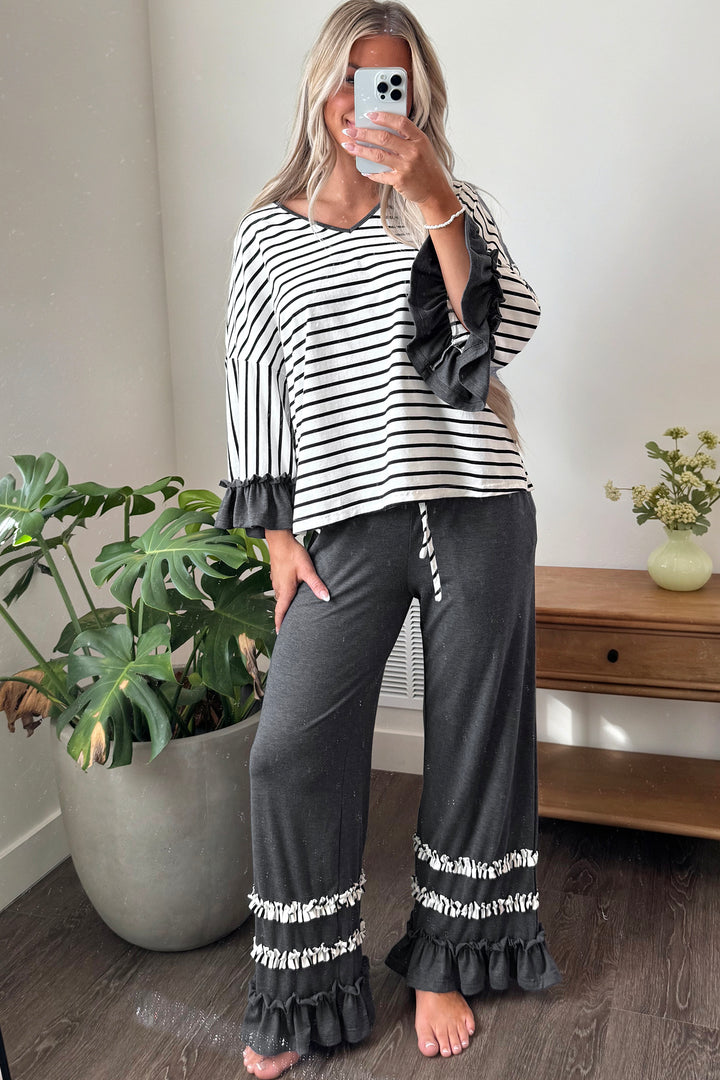 Gray Stripe V Neck Ruffle Contrast Sleeve Top Drawstring Pants 2pcs Set