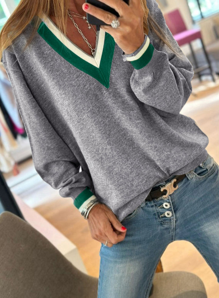 Gray Contrast Striped Trim V Neck Varsity Sweater