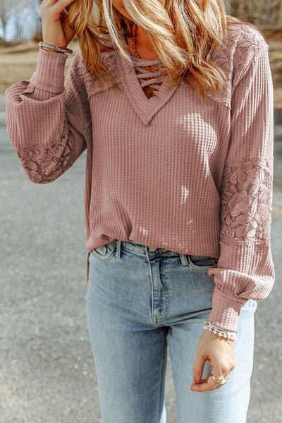 Pink Lace Waffle Patchwork Strappy V Neck Long Sleeve Top