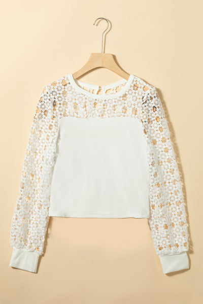 White Hollowed Floral Lace Splicing Long Sleeve Top