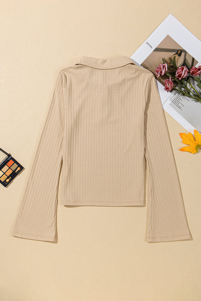 Beige Ribbed Buttoned Collar Long Sleeve Slim Fit Top