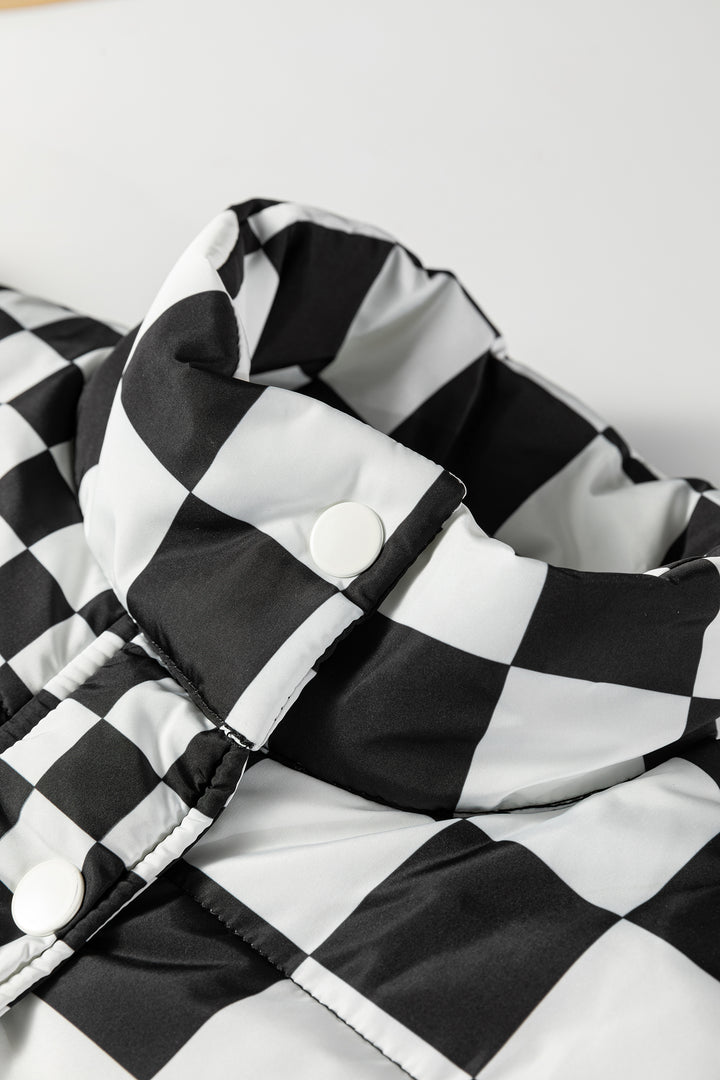Black Double Checked Stand Collar Cropped Puffer Vest