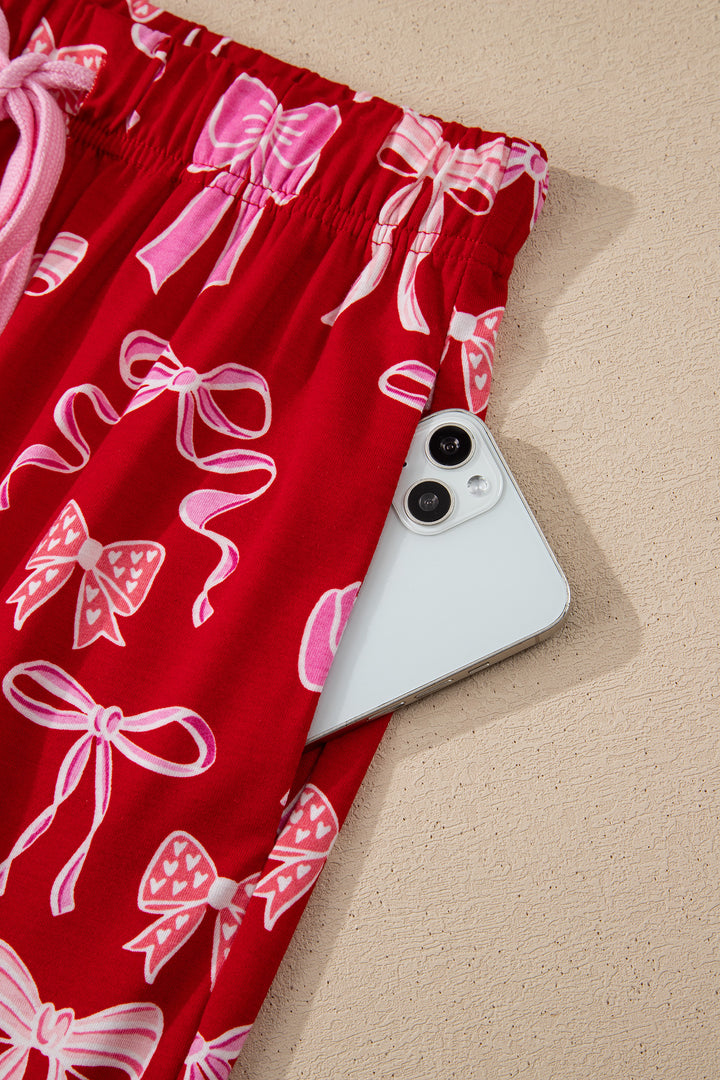 Red Sweet Bow Print Shirt Style Top Long 2pcs Pajama Set