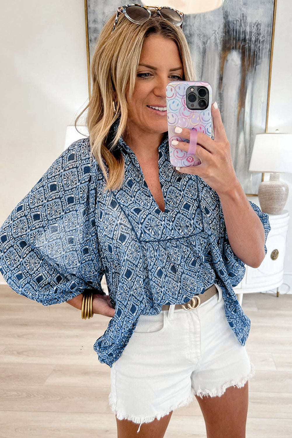 Sky Blue Western Geometric Print Frilled V Neck Loose Fit Blouse