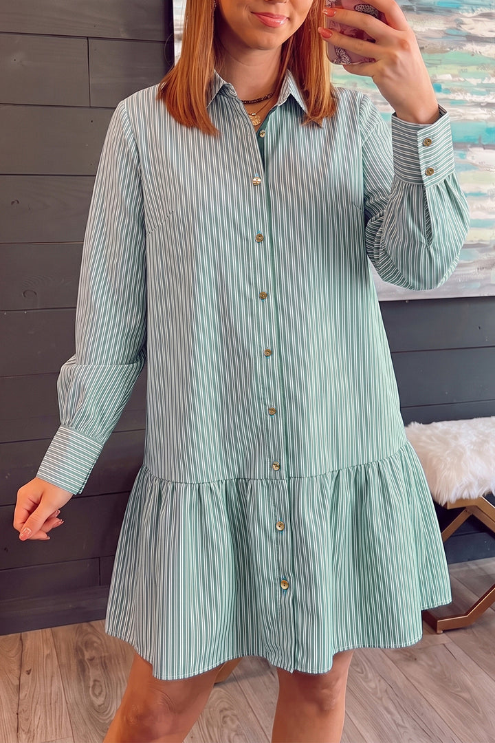 Green Stripe Striped Shift Long Sleeve Dress