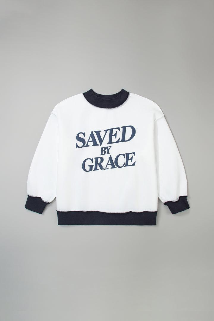 Beige SAVED BY GRACE Letter Print Color Block Mock Neck Plus Size Sweatshirt
