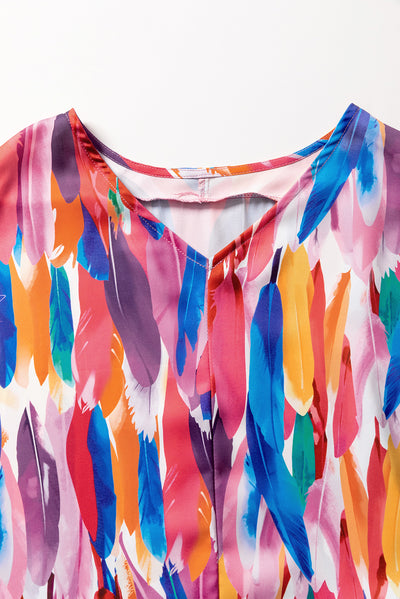 Multicolour Whimsical Feather Print V Neck Blouse