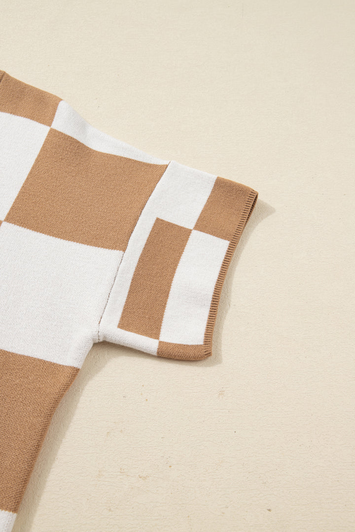Light French Beige Plus Size Checkered Pattern Knit Short Sleeve Sweater