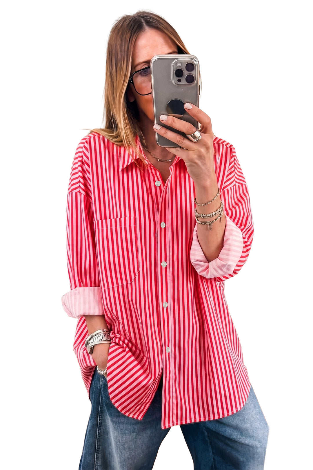 Red Stripe Button-Up Shirt Long Sleeve Patch Pocket Casual Shirt