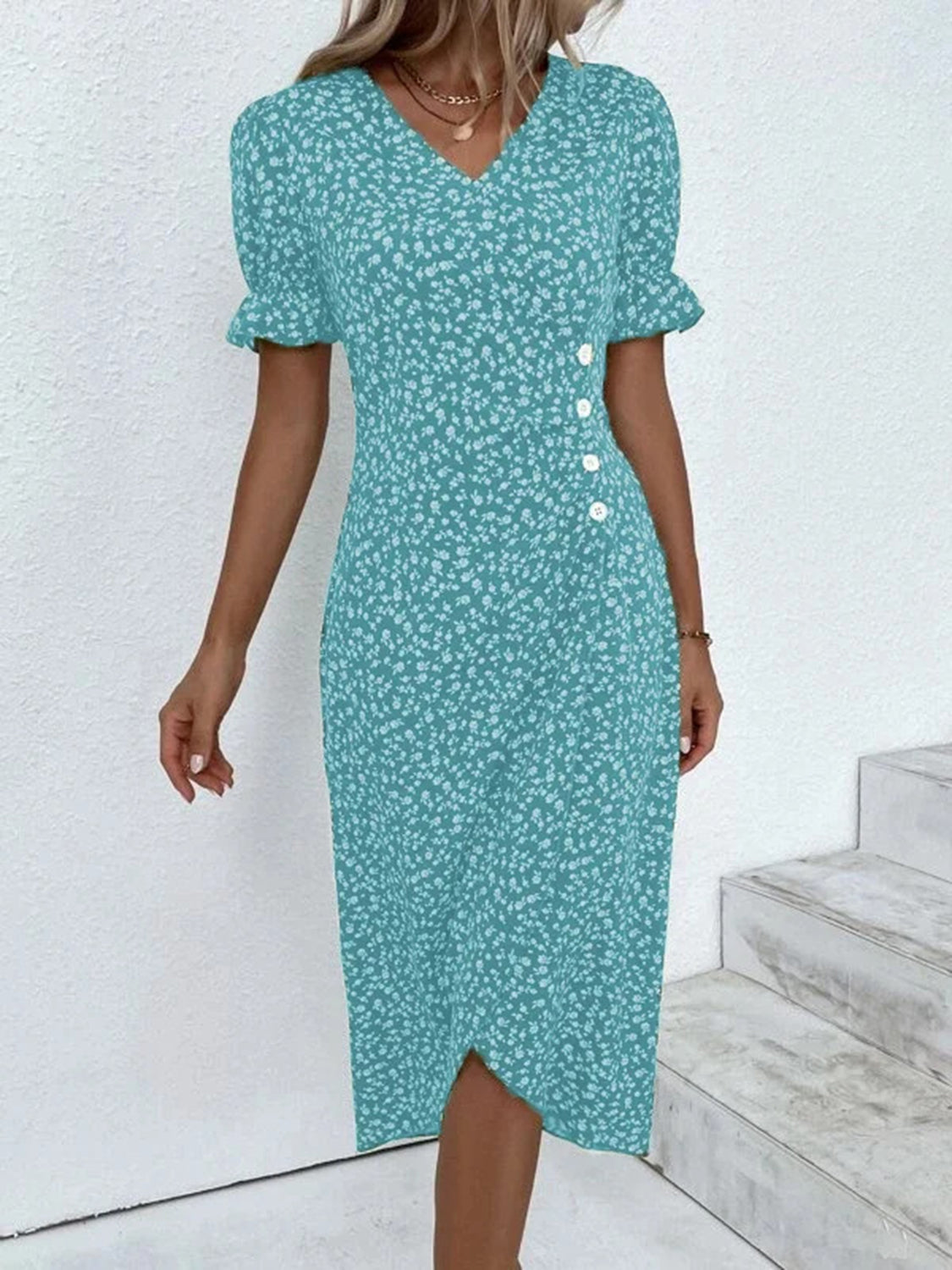 Full Size Printed Surplice Flounce Sleeve Midi Dress