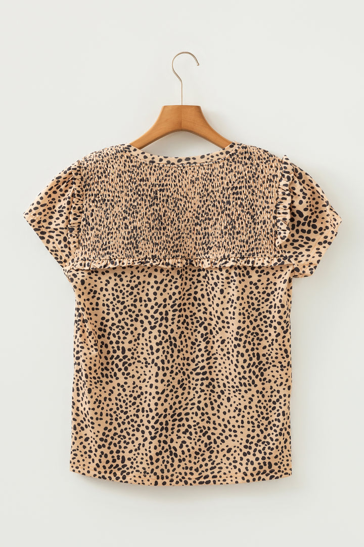 Apricot Cheeath Print Frilled V Neck Shirred Detail Short Sleeve Blouse