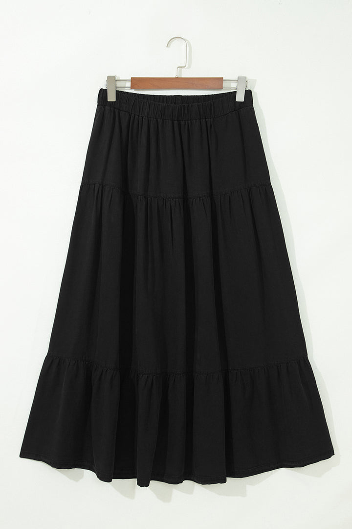 Black Elastic Waist Ruffled Tiered Flared Denim Maxi Skirt